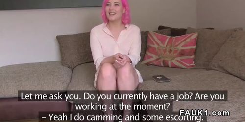 Pink haired babe fingered in casting