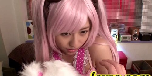 Cosplay Yuna Miyama gets cum on her tits and on he