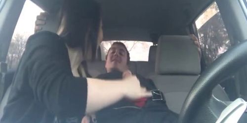 Lucky guy sits back and gets sucked in the car