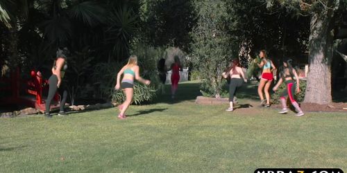 Huge boobs pornstars chasing that big D after jogging