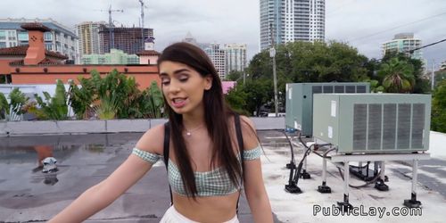 American student sucks on the roof top pov