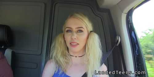 Blonde stranded teen sucks big cock outdoor