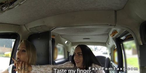 Nasty lesbians licking in fake taxi