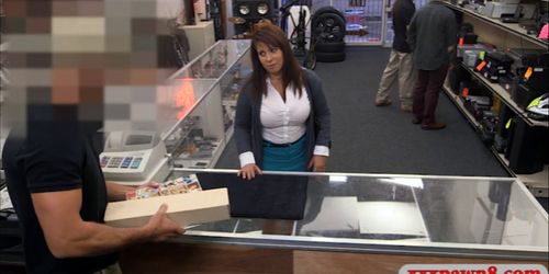 MILF sells her hubbys postcards and banged by pawn guy