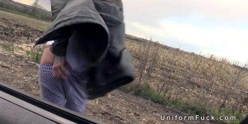 Amateur flashing huge boobs to fake cop outdoors