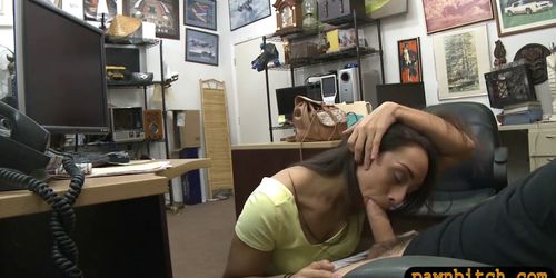 Sexy brunette woman screwed by pawn dude in his office