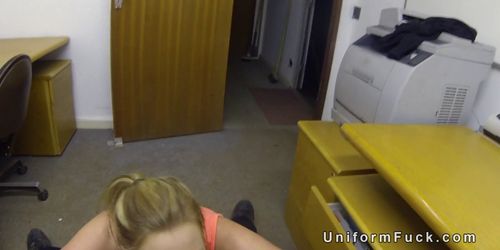 Busty blonde bangs cop in empty office