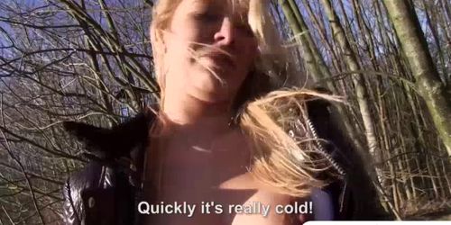 Slutty blonde babe fucks a stranger in the forest