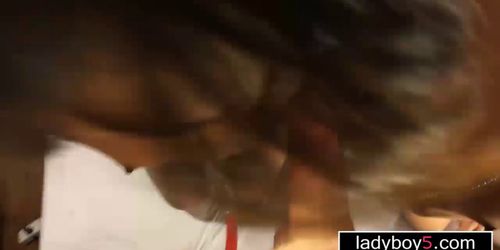 Skinny ladyboys in mutual porn debut threesome bang