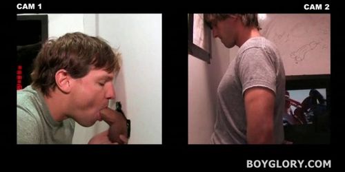 Blonde gay fellating giant dick on gloryhole