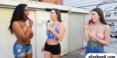 Two sweet girls flashing boobs in public for some cash