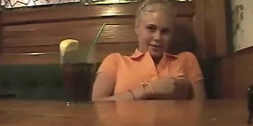 Blonde Teen Masturbates in restaurant