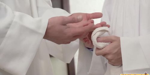 Twink strips naked on priests command and fucked raw