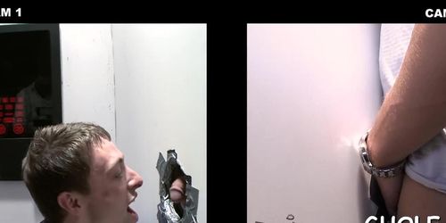 Gay sucks cock through a hole