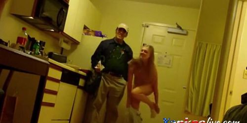 Blonde Girlfriend Posing And Flashing With Pizza Boy