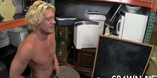 Teasing gays cock in the shop