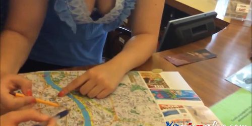 College girl guiding route map while a guy shoots her b