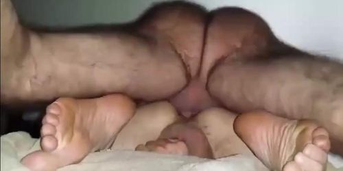 Hairy Daddy with hairy legs breeds boy from below