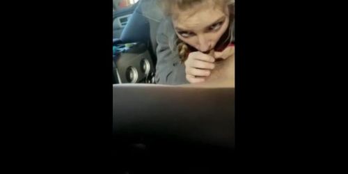 Blonde college girl with braids sucks cock in the car