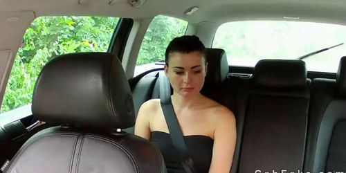 Brunette girl fucking in fake taxi outdoors