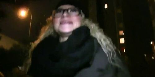 Blonde with glasses fucked and cummed in public