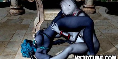 Two hot blue 3D alien lesbian babes lick each other