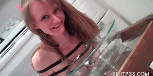 Tied up naked sex slave forced to drink her warm piss