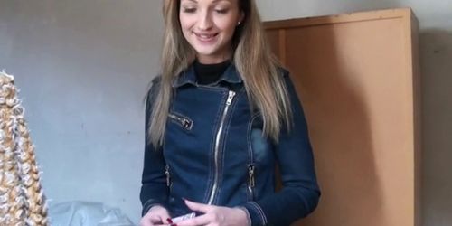Dirty young blonde sucking cock in public