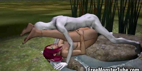 3D redhead gets fucked hard by an alien outdoors