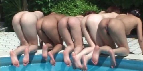 Teen Japanese beauties flashing hairy twats in pool gan