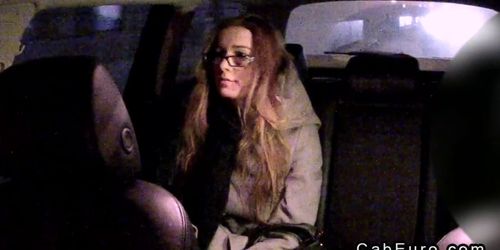 Amateur with glasses fucks in fake taxi in night shift