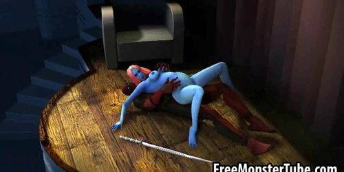 Blue 3D cartoon babe getting fucked by Deadpool