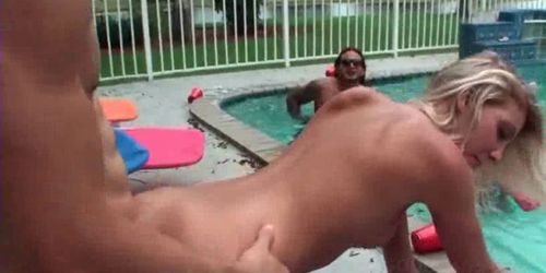 Blonde fucked hardcore in pool gangbang