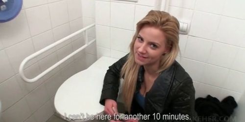 Blonde eats and fucks cock in public toilet