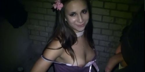 girl in a skirt sucks dick on the street at the first