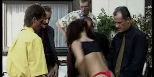 Hot young brunette gangbanged by 5 old men