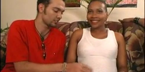 Sexy ebony preggo gets fucked by two guys