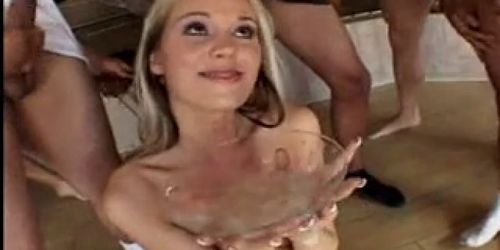 Blonde collects a plate full of cum! Pt.2