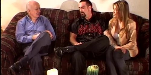 Cute blonde gets fucked on a couch and jerks off cock o