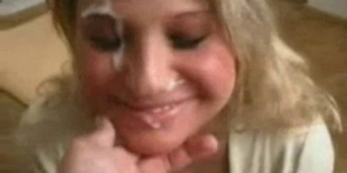 Blonde bitch jerks, sucks and takes a facial