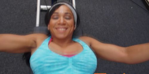 Sporty ebony pawnshop amateur working out