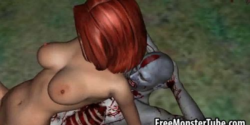 Sexy 3D cartoon redhead babe getting fucked by a zombie