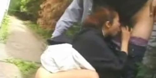 Asian MILF blowjob and cum in mouth in garden