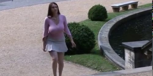 Busty girl walking, no bra, jiggling