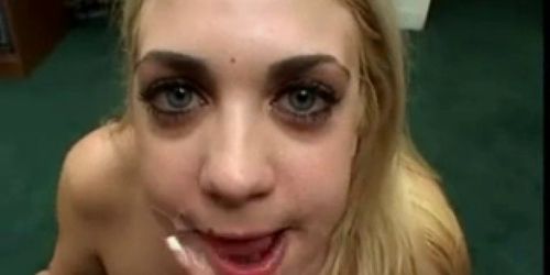 Blonde collects thick semen in her mouth