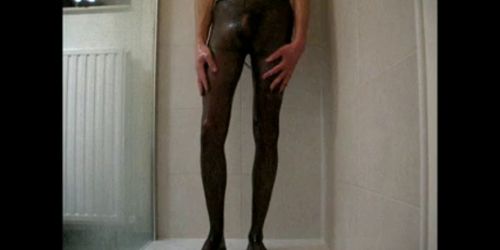 men showers in black pantyhose and red panties