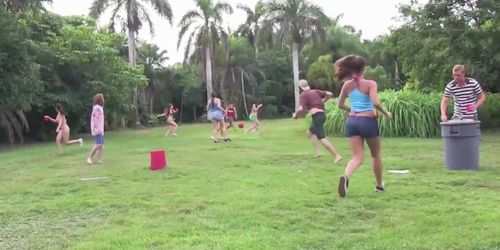 College bikini teens playing outdoor games