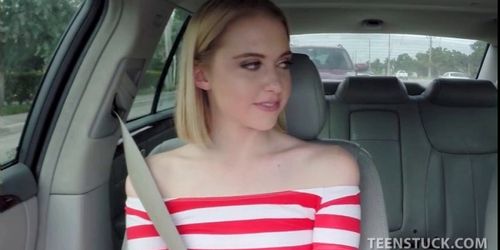 Cute blonde flashing small tits for a free ride