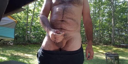 Jerking off outdoors in back yard cum shot public