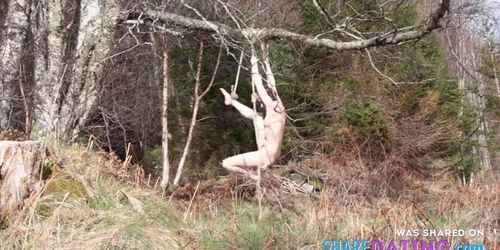 Naked self-bondage in the woods gone wrong